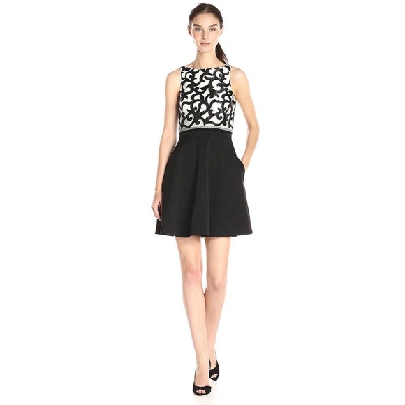 Aidan Mattox Dress Black Ivory Sleeveless Fit Flare Party Cocktail Size 4 - Picture 1 of 8